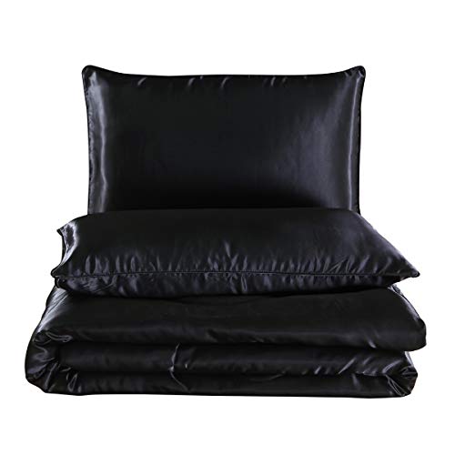 NTBED Silky Satin Comforter Set King Black, Soft Lightweight Microfiber Luxury Sexy Quilted Bedding Sets with 2 Matching Pillow Covers for Summer Spring Autumn NTBED
