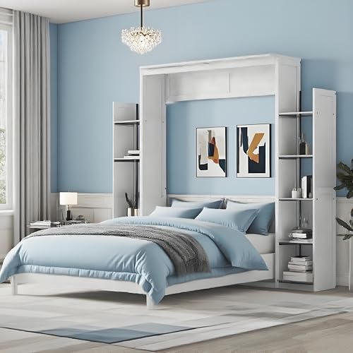 PVWIIK Queen Size Murphy Bed with 5-Tier Shelves and LED Lights,Foldable PlatformBed Vertical Wall Bedframe for Small Space,Bedroom,Living Room,White PVWIIK