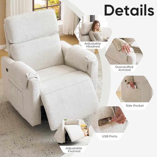 Rhevoy 24" Extra Wide Swivel Rocker Recliner Chair with Adjustable Headrest, Oversized Power Rocker Recliner with Overstuffed Armrest, Chenille Rocking Chair Nursery with USB Ports, White