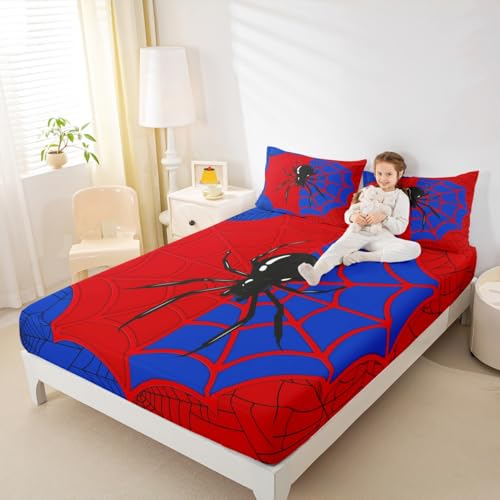 Spider Web Kids Sheet King Size,Black Spider Arachnid Insect Animals Bedding Set,Boys Girls Women Men Room Decor,Halloween GothicRed Blue Unique Bed Sheet Set 4pcs(Fitted + Flat + 2 Pillowcases) Manfei
