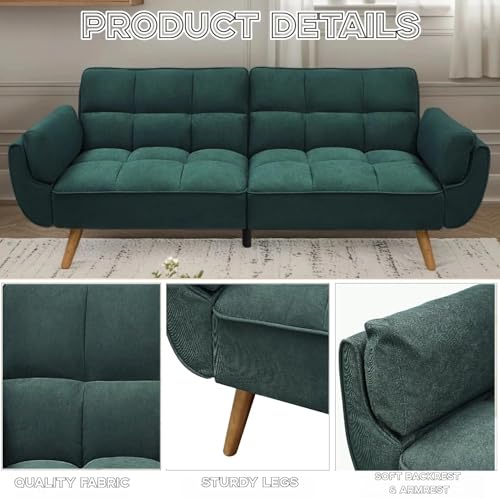 Trygoal Convertible Futon Sofa Bed, Modern Futon Couch with 2 Pillows, Small Futons Couch with Adjustable Armrest & Backrest, Loveseat Sofa Bed for Living Room, Bedroom, Green Trygoal