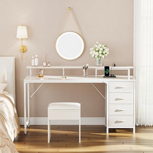 Huuger 55 Inch Computer Desk with Power Outlets and LED Lights, Gaming Desk with 4 Drawers, Office Desk with Monitor Stand, Study Desk Work Desk for Home Office, White Huuger