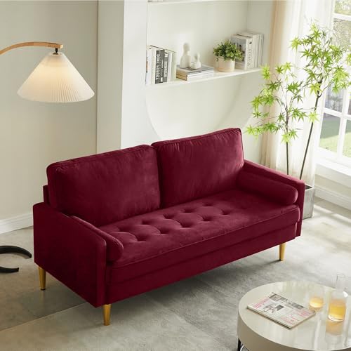 RXRRXY 67" Modern Velvet Loveseat Sofa Couch, Mid-Century Tufted Upholstered Small Love Seat Couch with 2 Pillows & 4 Golden Legs, 2-Seats Couches for Compact Space, Living Room, Apartment (Burgundy) RXRRXY