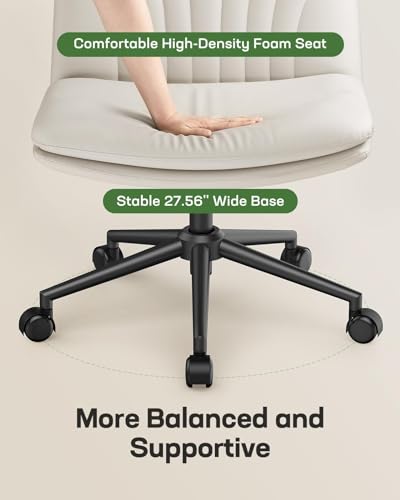 Marsail Armless-Office Desk Chair with Wheels: PU Leather Cross Legged Wide Chair,Comfortable Adjustable Swivel Computer Task Chairs for Home,Office,Make Up,Small Space,Bed Room(Light Beige) Marsail