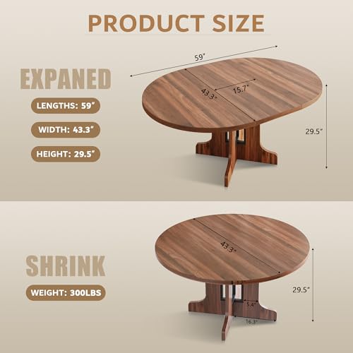 iPormis 59" Round Extendable Dining Table for 4-6, Modern Kitchen Table with Heavy Duty Pedestal Base & Wooden Top, Oval Dining Room Table for Dining Living Room, Easy Assembly, Walnut iPormis