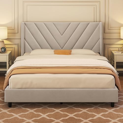 Yaheetech Beige Queen Upholstered Platform Bed with Wing Headboard & Wooden Slat Support Yaheetech