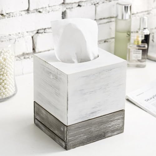 MyGift Vintage White and Distressed Gray Wood Square Bathroom Tissue Box Dispenser Holder Cover with Slide-Out Bottom Panel, 5.5 x 5.5 x 6.3 Inches MyGift