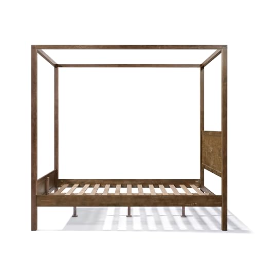 Christopher Knight Home Darnel Wooden Canopy Bed Frame Queen Size with Headboard, 4 Poster Platform Queen Bed Frame, Strong Wood Slat Mattress Support, No Box Spring Needed, Antique Natural