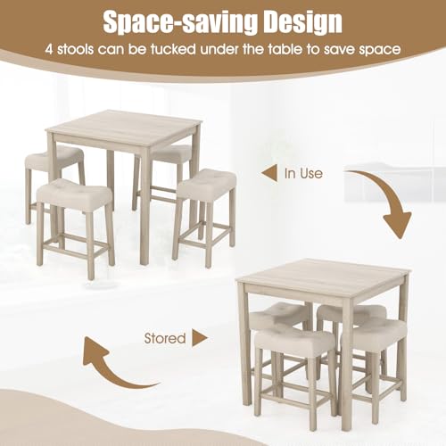 COSTWAY 5-Piece Bar Table Set, Square Breakfast Set for 4 w/Padded Stools, Small Kitchen Table Set w/Rubber Wood Legs, Space-Saving Dining Table Set for Living Room, Kitchen, Small Space COSTWAY