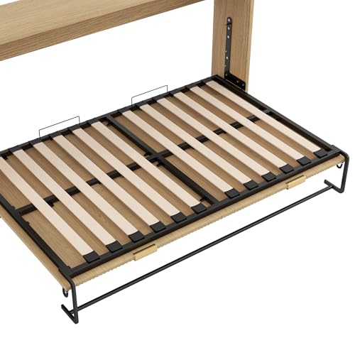Pasirou Twin XL Size Horizontal Murphy Bed with Storage Shelf, Hideaway Wall Bed with Led Lights, can be Folded into Cabinet, Folding Murphy Bed Space-Saving for Guest Room, Natural Pasirou