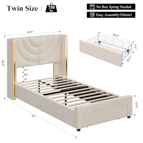 HITHOS 2 Set Twin Upholstered LED Bed Frame with Storage Drawer, Velvet Kids Bed with Headboard, Princess Twin Platform Bed for Girls/Kids, Solid Wood Slats Support, No Box Spring Needed (Beige) HITHOS