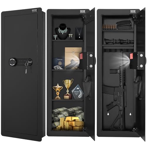 VEVOR 42.91" Tall Wall Gun Safe, 4-Tier Hidden Gun Safe with Keypad & Fingerprint, 3 Removable Shelves & 6 Key Holders, Q235 Cold-Rolled Steel Gun Safe with LED Light, Vibration Alarm, Holster & Stock VEVOR