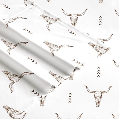 Wake In Cloud - Western Bed Sheets, 4-Piece Sheet Set, Southwestern Rustic Bull Head Aztec Style Pattern Printed Bedding, Deep Pocket, Brown White, Full Size Wake In Cloud