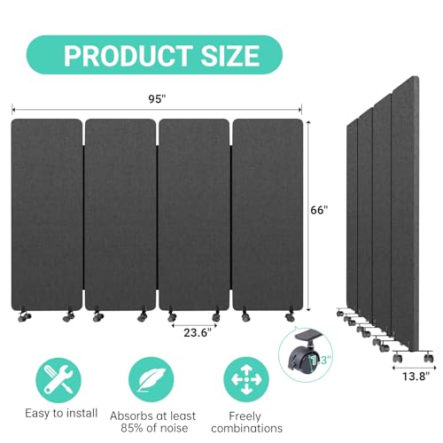 Soundproof Room Divider W/Wheels, 66in Office Dividers for Sound Proofing & Reducing, Sound Proof Dividers for Office Partitions Portable Temporary Wall Acoustic Wall Divider (Cool Grey, 4 Panel) YASRKML