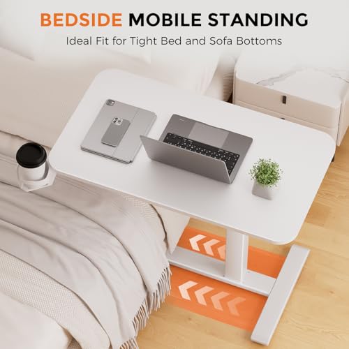 GTPLAYER Small Standing Desk with Hidden Wheels, Pneumatic Mobile Rolling Laptop Desk, Adjustable Height Overbed Bedside Table Computer Workstation for Home Office (28" W x 16" D, White) GTPLAYER