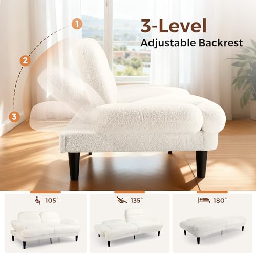 79” Futon Sofa Bed, Sleeper Sofa, Convertible Sofa Bed with Adjustable Backrest and Armrests, Faux Sherpa Cloud Loveseat, Convertible Recliner Sleeper Sofa for Living Room, Bedroom, Apartment, Beige Jocoevol