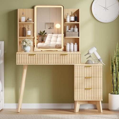 IAISRO 42'' Fluted Makeup Vanity Desk with LED Lights Mirror & Charging Station, Modern Glass Top Vanity Table with 5 Drawers & Open Shelves, Dressing Table for Bedroom, Living Room, Oak IAISRO