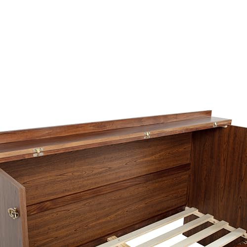 Bellemave Queen Murphy Bed with Storage Drawer and Station, Cabinet Bed, Murphy Cabinet with Foldable Panel, Noisy Free, for Guest Bedroom, Living Room, Walnut Rattan Bellemave
