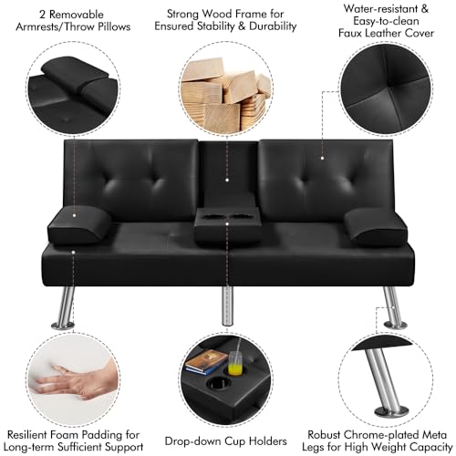 Yaheetech Convertible Sofa Bed Adjustable Couch Sleeper Modern Faux Leather Recliner Reversible Loveseat Folding Daybed Guest Bed, Removable Armrests, Cup Holders, 3 Angles, 772lb Capacity, Black Yaheetech