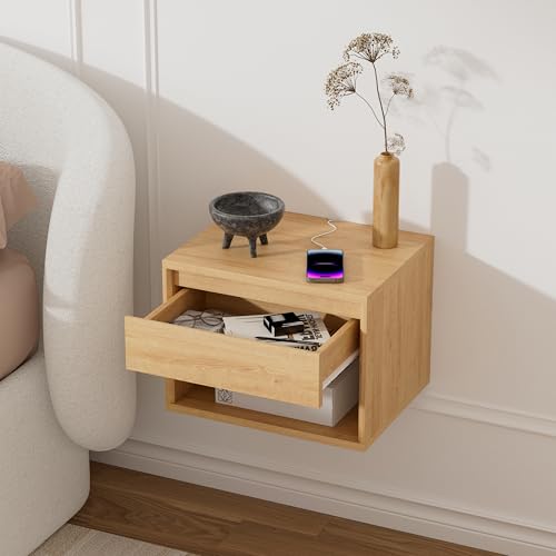 MoomJiee Floating Nightstands Set of 2, Mid Century Modern End Table with Drawer and Open Compartment Wall Mounted Wooden Bedside Night Stand Small Storage Cabinet for Bedroom, Natural Oak MoomJiee