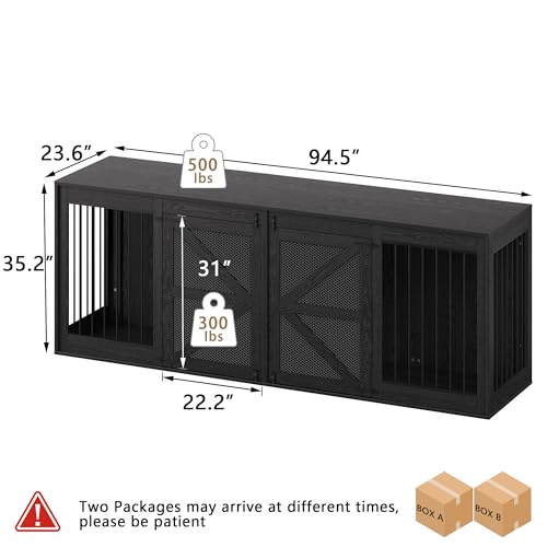 Nordee Axio 94.5 Inch Double Dog Crate Furniture, Farmhouse Dog Kennel TV Stand for 2 Large Dogs, Wooden Dog Cage Extra Large Breed with Divider & Solid Metal Tube, Black Nordee Axio