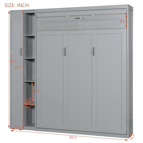 Merax Queen Size Murphy Bed with Wardrobe, Murphy Bed Cabinet Queen with Storage Shelves and LED Lights, No Box Spring Needed, Gray Merax
