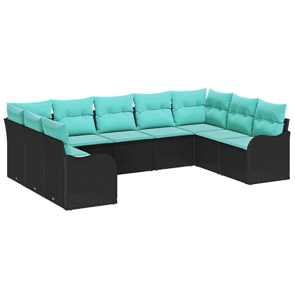 HETFTJN 9-Piece Patio Furniture Set Modular Outdoor Sectional Sofa Black and Turquoise Poly Rattan 47.6×24.2×27.2 in UV-Resistant Cushions for Garden Terrace Small Balcony HETFTJN