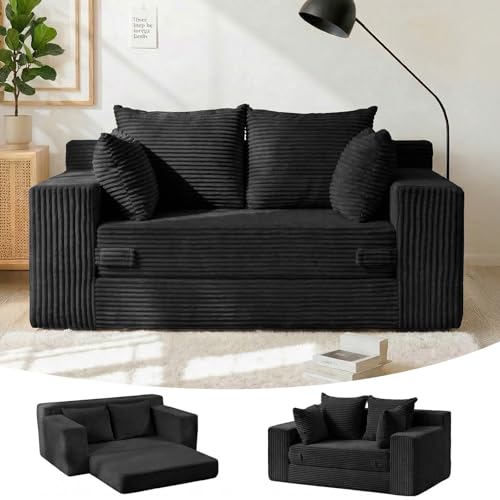 55" Small Boneless Couch, 3-in-1 Boneless Loveseat Sleeper Sofa Bed Convertible Sofa Bed with 4 Pillows, Black Corduroy Boneless Couch for Living Room, Guest Room, Small Space, No Assembly Required Winzoo