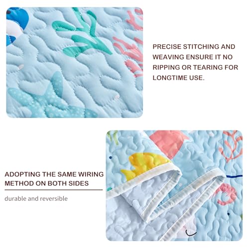 Joyreap 3 Pieces Full/Queen Size Cotton Quilt Set, World of The Sea Theme Ocean Blue Design, Cozy Lightweight Bedding Set Quilt Bedspread Bed Cover for for Kids Boys n Girls- 90x90 inches Joyreap