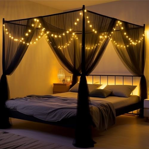 Anmas Home Mosquito Net Bed Canopy with 66ft LED Star String Lights, Black Netting Four Corner Post Curtains Elegant Mosquito Net