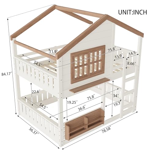 Harper & Bright Designs Full Over Full House Bunk Bed with Window and Roof, Solid Wood Low Bunk Beds with Bookshelf, Ladder and Guardrail, Space Saving for Boys and Girls, Beige & Natural Harper & Bright Designs