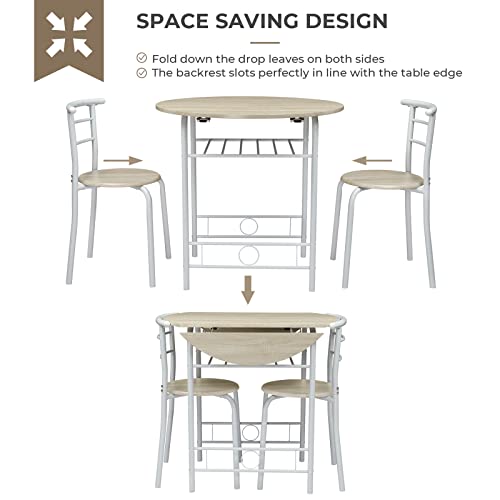 VINGLI 31.5" Drop Leaf Dining Table 3 Pieces for Small Space,Small Kitchen Table Set for 2,Round Folding Table with 2 Chairs for Home,Kitchen,Apartment,White&Oak VINGLI