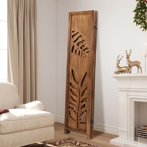 Giantex Boho Rustic Room Divider, 4 Panel Carved Leaf Folding Wood Screen, Fully Assembled, 67'' Freestanding Privacy Partition Decorative Wall, Foldable Room Separator for Bedroom, Brown Giantex