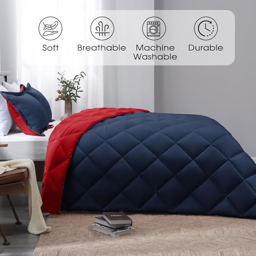 Beyond Twin Comforter Set - Navy/Red Reversible Comforter Set for All Seasons, 1 Comforter (66"x92") and 1 Pillow Sham (20"x26"+2") Basic Beyond