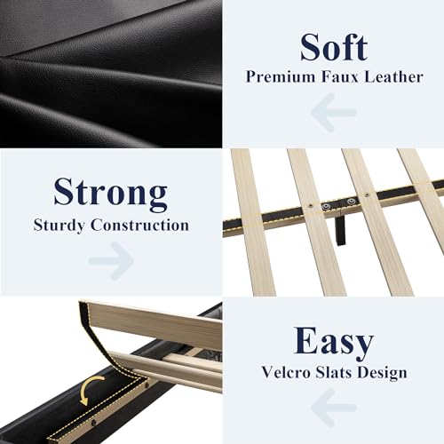 Allewie Queen Bed Frame with Adjustable Headboard, Faux Leather Platform Bed with Wood Slats, Heavy Duty Mattress Foundation, No Box Spring Needed, Noise-Free, Easy Assembly, Black Allewie