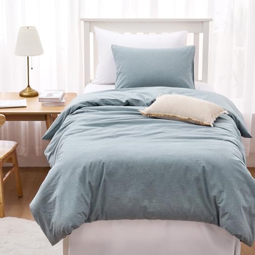 Wake In Cloud - Cotton Duvet Cover Set, Twin Size, Light Denim Blue, 100% Washed Cotton, Linen Like Textured, Breathable Percale Durable Comfy Farmhouse Neutral Bedding Set, 3 Pieces Wake In Cloud