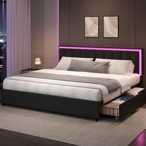 IMMERSTABLE King Size Bed Frame with 4 Storage Drawers, Upholstered Bed Frames with Headboard, RGB LED Lights, Heavy Duty Metal and Wood Slat Support, No Box Spring Needed, Easy Assembly, Black IMMERSTABLE