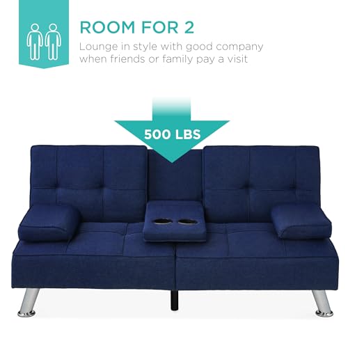 Best Choice Products Linen Modern Folding Futon, Reclining Sofa Bed for Apartment, Dorm w/Removable Armrests, 2 Cupholders - Dark Blue Best Choice Products