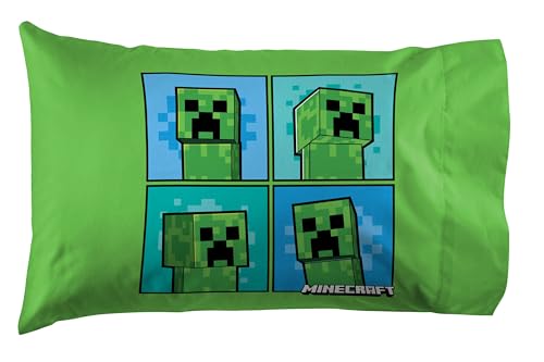 Jay Franco Kids Sheet Set with Fitted, Flat Sheets & Pillow Cover - Ultra-Soft Bedding with Pillowcase for Room Decor, Blue - Minecraft Creeper, 4 Piece Queen Jay Franco