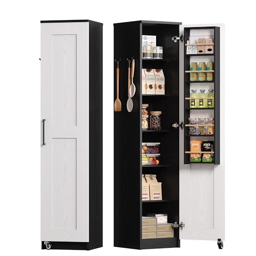 IRONCK Small Kitchen Pantry Cabinet 72" for Narrow Space, with Single Door and Adjustable Shelves, Freestanding Tall Storage Cabinet for Living Room, Bathroom, Black and White IRONCK