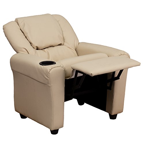 Flash Furniture Vana Vinyl Kids Recliner with Cup Holder, Headrest, and Safety Recline, Contemporary Reclining Chair for Kids, Supports up to 90 lbs., Beige Flash Furniture