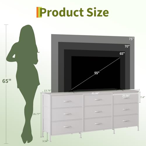 GAOMON 63" Entertainment Center & 9-Drawer Dresser — Wide TV Stand for 55-70 Inch TVs with Fabric Drawers, Large Storage Cabinet for Bedroom or Living Room, Metal Frame & Durable Particle Board Top GAOMON