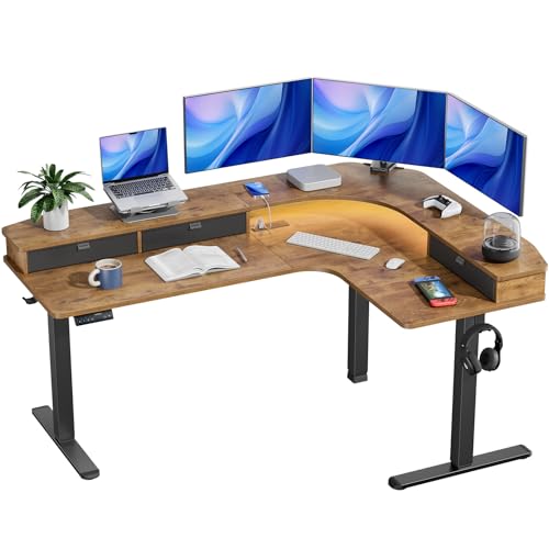 HUANUO 65″ L-Shaped Standing Desk with Power Outlets & LED Strip, Support C-Clamp Mount, Electric Height Adjustable Corner Computer Desk with 3 Drawers, Sit Stand Up Desk with Large Power Strip Holder HUANUO