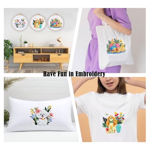 WEENEO 3 Pcs Cute Dog Embroidery Kit for Beginner, Funny Embroidery Kits for Adults, Animal with Floral Embroidery Kit with Pattern,Hoop,Colorful Threads and Needles,Cross Stitch Kits,DIY Crafts Kits