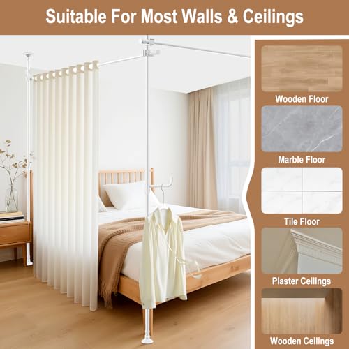 Seamless Room Divider Curtain Rod - No Drilling Space Partition Adjustable Privacy Separator, 4-10ft(H) 28-161inch(W) Adjustable, Heavy Duty Freestanding Tension Curtain Stand, White SIBRAD