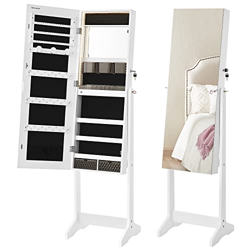SONGMICS Mirror Jewelry Cabinet Standing Armoire Organizer, Jewelry Storage with Full-Length Frameless LED Lights, Built-in Makeup Mirror, 2 Drawers, Lockable, White UJJC023W01 SONGMICS