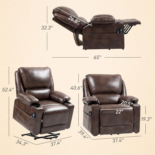 HOMCOM Power Lift Recliner Chair for Elderly, Wide Faux Leather Lift Chair with Vibration Massage and Heat, Overstuffed Reclining Single Sofa with Remote, USB Port, Side Pockets, Brown