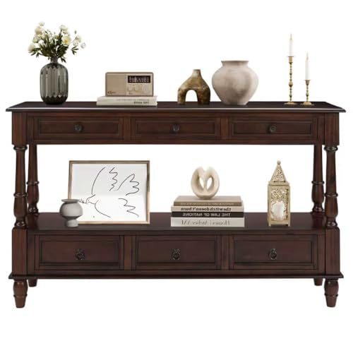 LKTART 54'' Solid Wood Console Table, Farmhouse Entryway Table with 6 Drawers and Shelf, Narrow Long Sofa Table with Storage for Living Room Hallway, Couch, Foyer (Espresso) LKTART