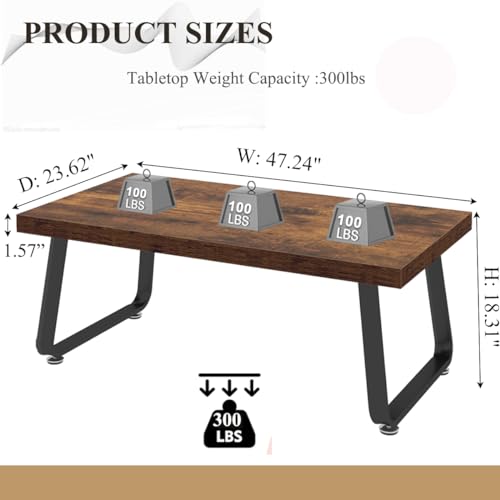 HSH Wooden Coffee Table, Industrial Rectangle Center Table, Modern Minimalist Coffee Table for Living Room, Farmhouse Wood and Metal Cocktail Tea Table for Bedroom Home Office, Rustic Brown, 47 in HSH