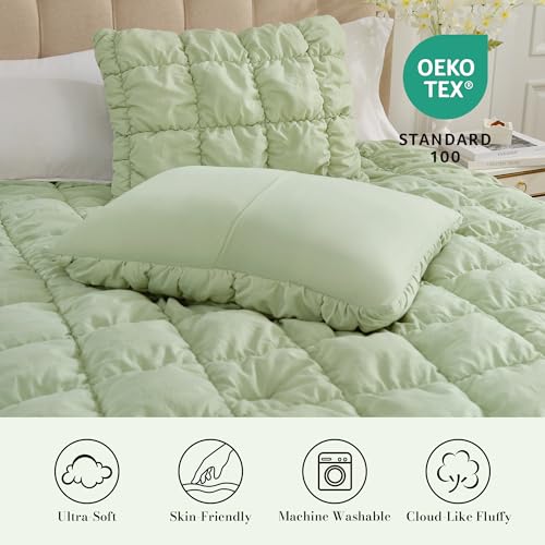 Amélie Home Sage Green Bubble Comforter Set King Size, 3 Pieces Ultra Soft Cozy Bedding Set for All Seasons, Farmhouse Luxury Gift for Women Home Decor Amélie Home
